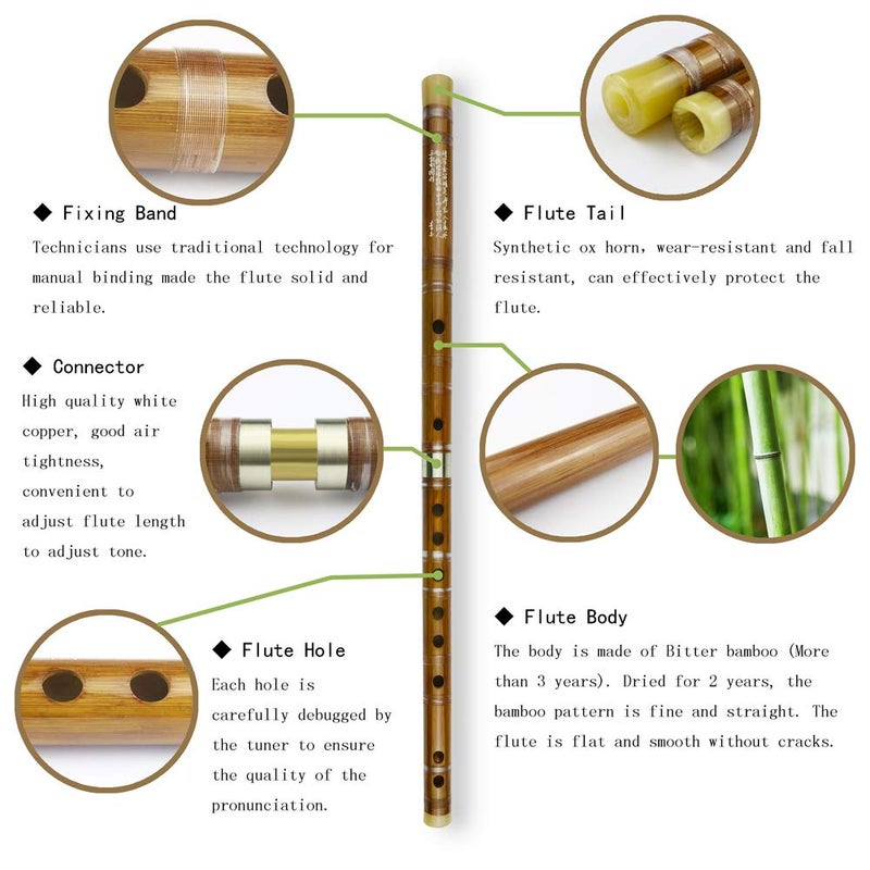 PHYSKOW E Key Dizi Bitter Bamboo Flute for Beginners with Free Membrane & Glue & Protector Set Traditional Chinese Instrumentï¼ˆKey of E/Bitter Bambooï¼‰ - Image 2